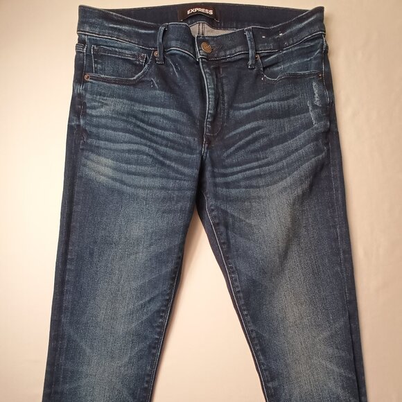 Express Jeans Size 10 Mid Rise Skinny Leg Dark Wash Chewed Edge Hem - Picture 2 of 10